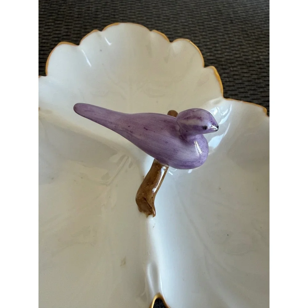 Elaine Klingenberg Hand Painted Porcelain Bird Leaf Nut Dish Gold Trim 6.5